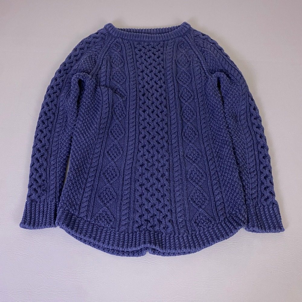 LL Bean Signature Women's Small Navy Blue Cable Fisherman Knit Sweater Side Zip
